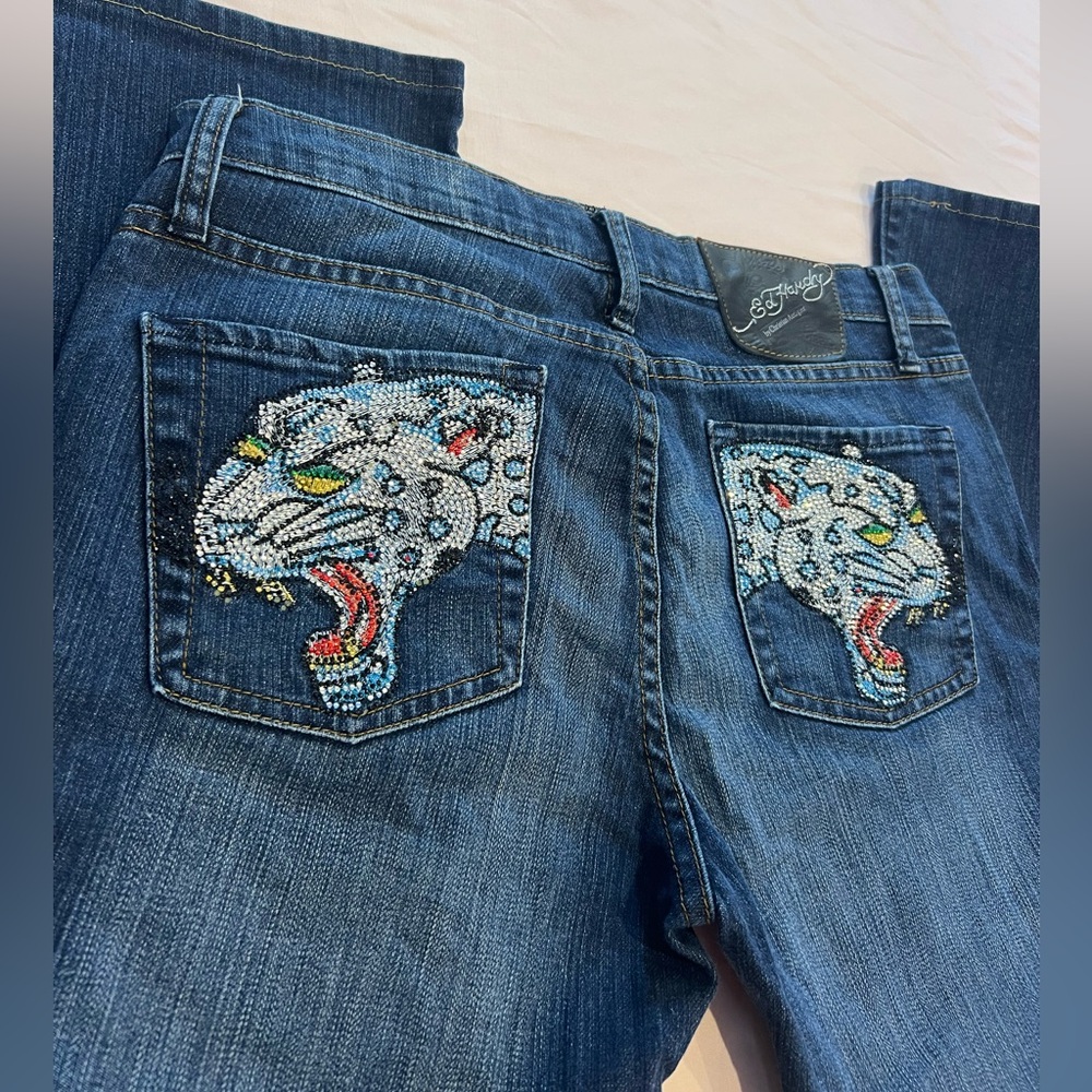 Y2K Vintage Ed Hardy Low Rise Jeans Bootcut Tiger With Rhinestones Size 30 x 29